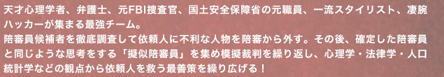 天才心理学者、弁護士、元FBI捜査官、国土安全保障省の元職員、一流スタイリスト、凄腕ハッカーが集まる最強チーム。陪審員候補者を徹底調査して依頼人に不利な人物を陪審から外す。その後、確定した陪審員と同じような思考をする「擬似陪審員」を集め模擬裁判を繰り返し、心理学・法律学・人口統計学などの観点から依頼人を救う最善策を繰り広げる！