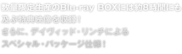 数量限定生産のBlu-ray BOXには約8時間にも及ぶ特典映像を収録！さらに、デイヴィッド・リンチによるスペシャル・パッケージ仕様！